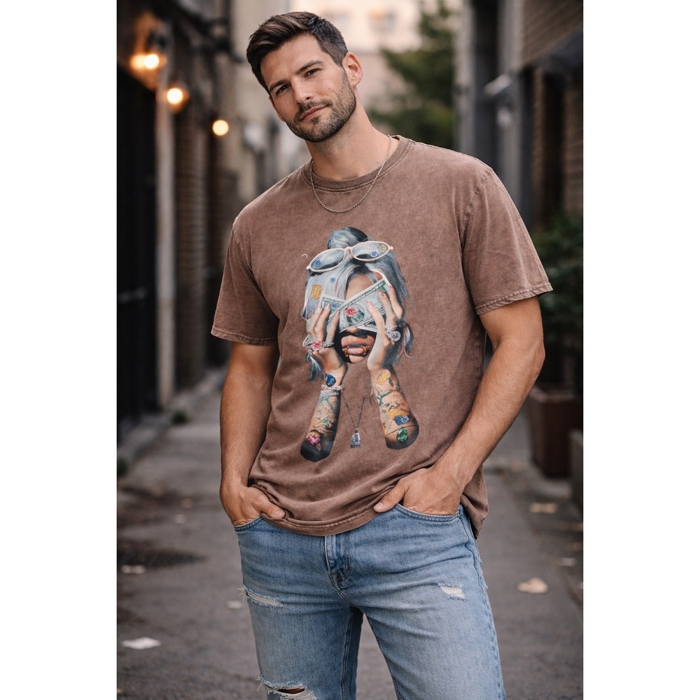 Manfinity Mens Graphic T-Shirt Size M Brown Mineral Wash Tattoo Money Streetwear